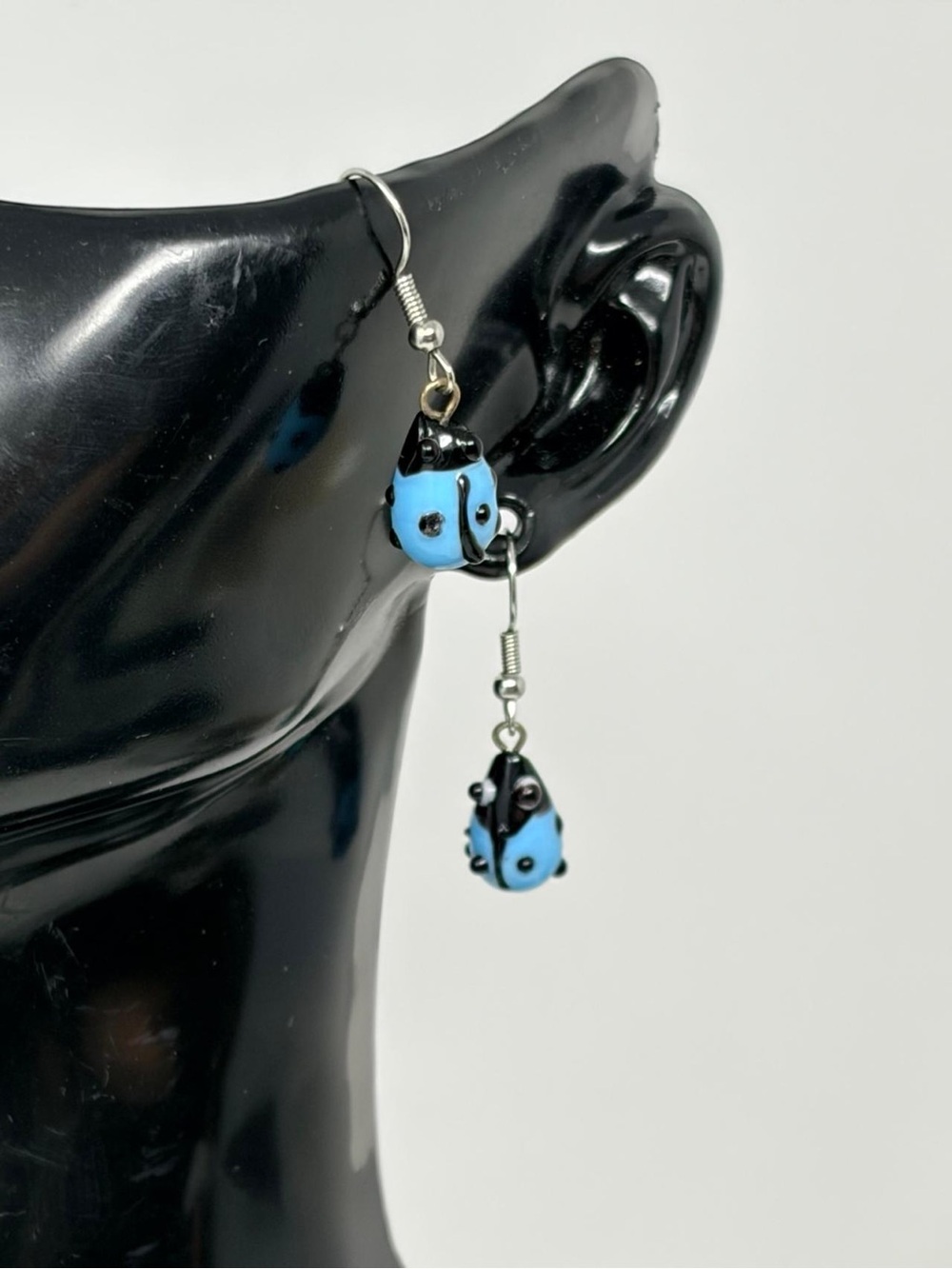 Blue Ladybug Drop Earrings - Cute Glass Dangle Earrings
